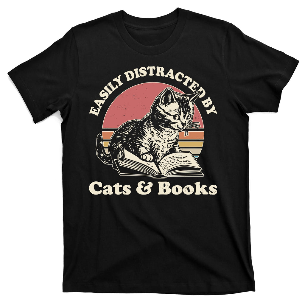 Vintage Easily Distracted By Cats And Books T-Shirt product image 7