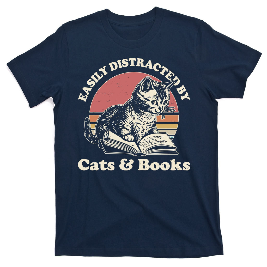 Vintage Easily Distracted By Cats And Books T-Shirt product image 1