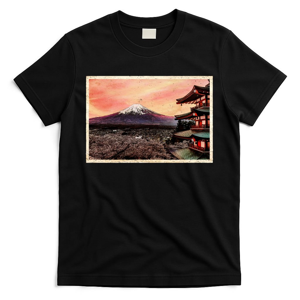 Vintage Japanese Mt. Fuji Pagoda and Cherry Blossoms T-Shirt product image 7