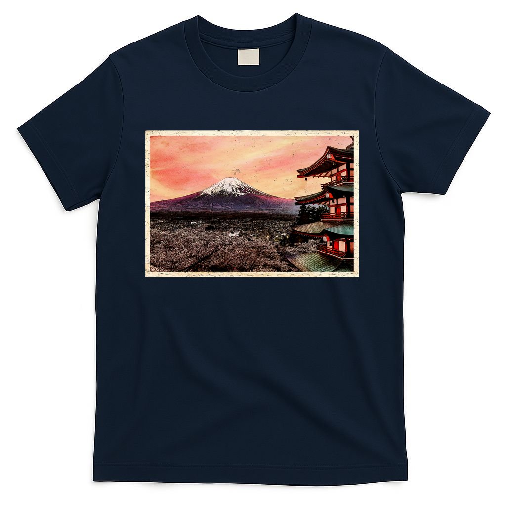 Vintage Japanese Mt. Fuji Pagoda and Cherry Blossoms T-Shirt product image 1