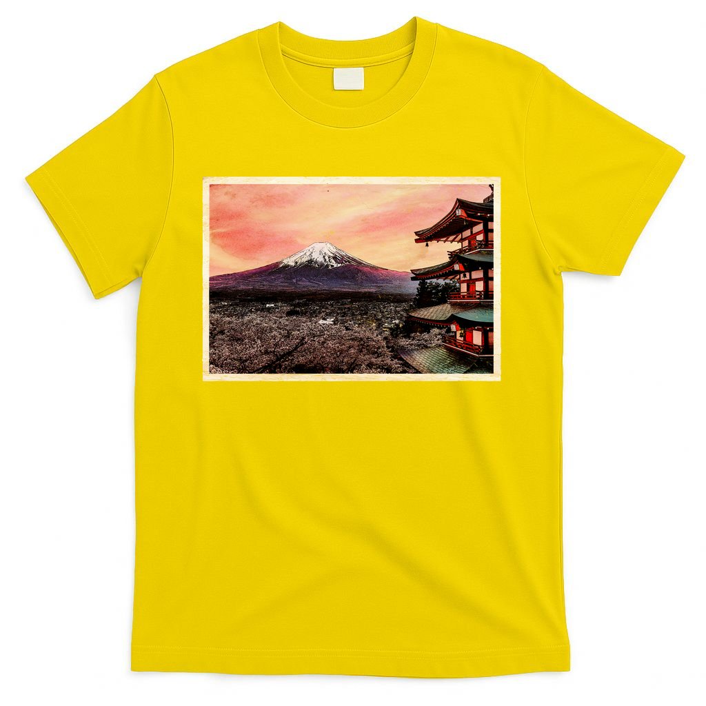Vintage Japanese Mt. Fuji Pagoda and Cherry Blossoms T-Shirt product image 3